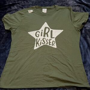 Girl Kisser Pride LGBTQ Olive Green Tshirt (Ladies L)